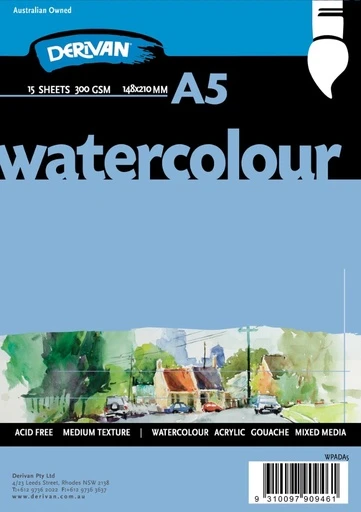 [9wpada5] Derivan Water Colour Pad White 300gsm 15 Sheets A5