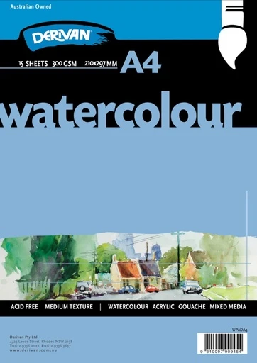 Tập Giấy Trắng Vẽ Màu Nước 300gsm 15 Tờ Khổ A4 Derivan Water Colour Pad White 300gsm 15 Sheets A4 Derivan